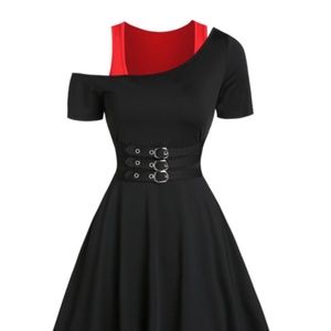 Contrast 2 In 1 A Line Mini Dress Gothic Cold Shoulder Buckles Short Sleeve Dres
